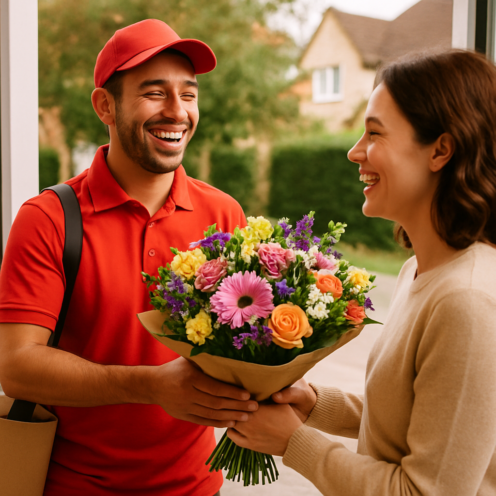 A delivery person handing over a bouquet of flowers to a happy customer